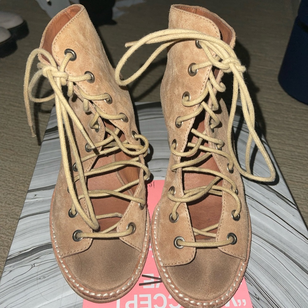 Free People X Jeffrey Campbell Minimal Lace Up Nude Seude Heel